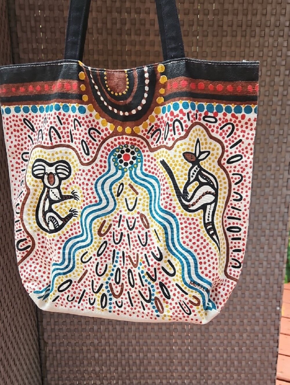 Muralppli Gallery Hand-Painted Cream Tote  Multicolor Aboriginal Dot Art